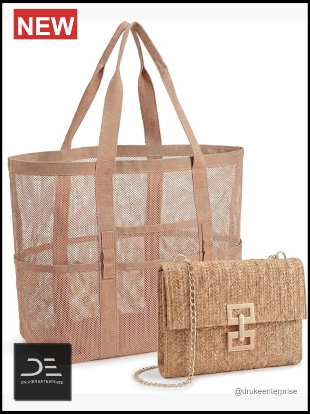 2 Pcs Beach Bags Set - Straw Clutch Purse & Large Mesh Tote, Woven Travel Bag